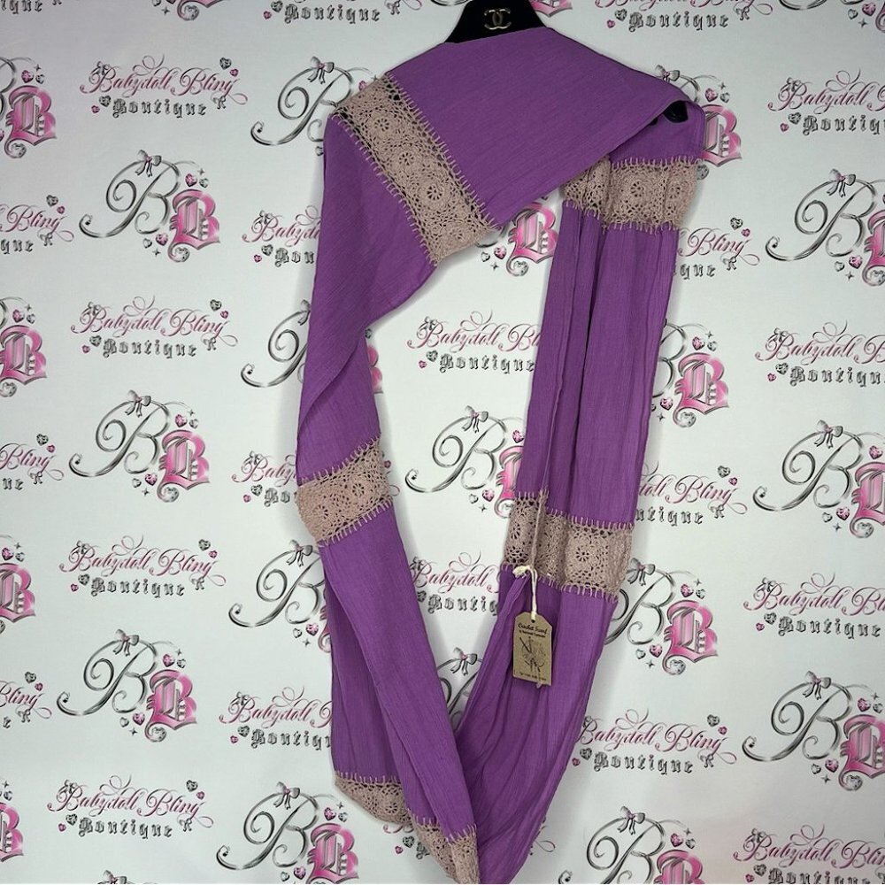 Handmade scarf brand new with tags crochet knit purple cream bohemian tropical